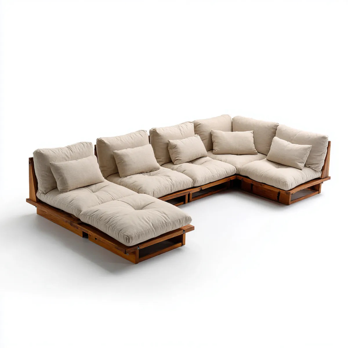 Canapé d’angle 5 places avec méridienne beige en polyester et bois massif 300 x 220 x 75 cm